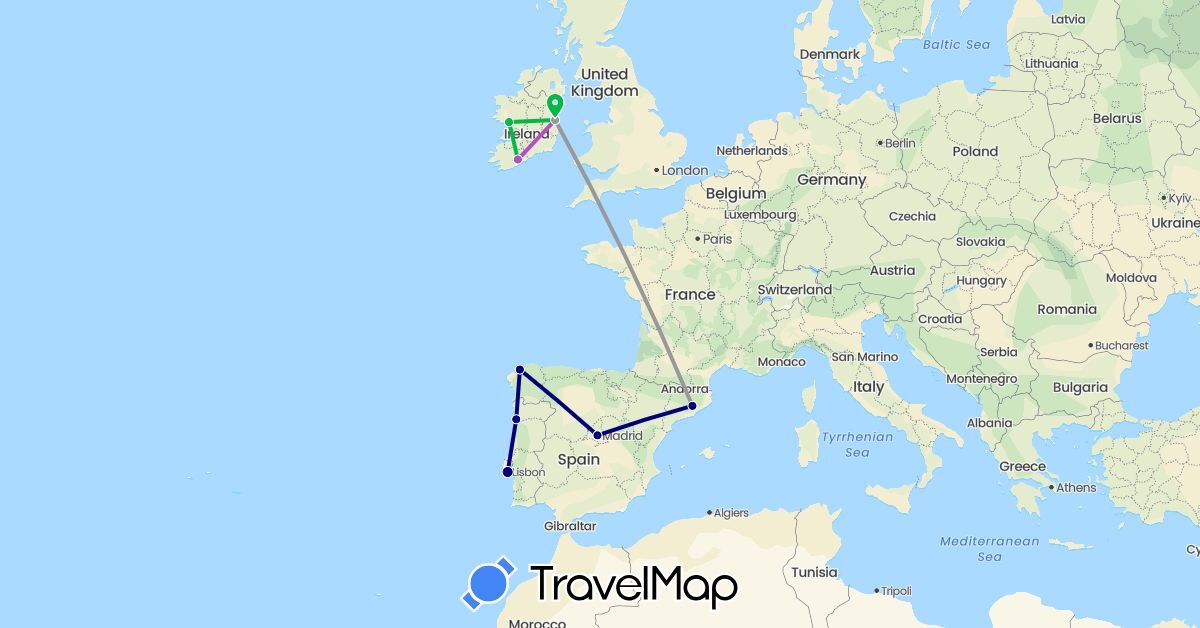 TravelMap itinerary: driving, bus, plane, train in Spain, Ireland, Portugal (Europe)